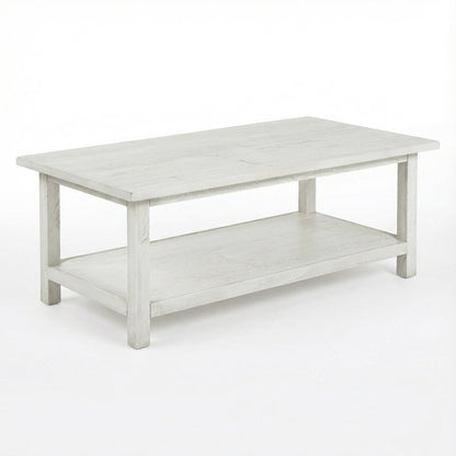 White Farmhouse Wood Coffee Table with Shelf and Rectangular Design