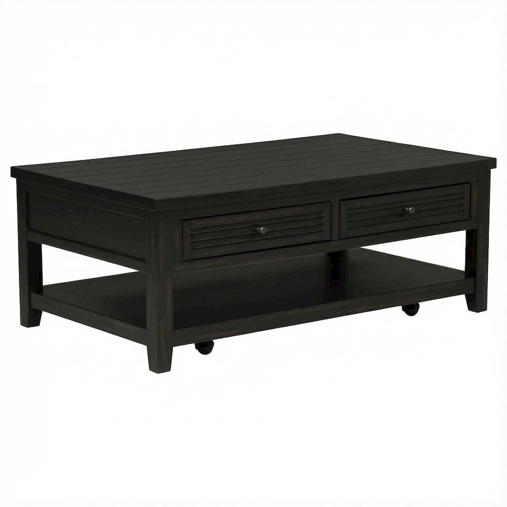 Rectangular Distressed Java Coffee Table with 2 Drawers and Coastal Style