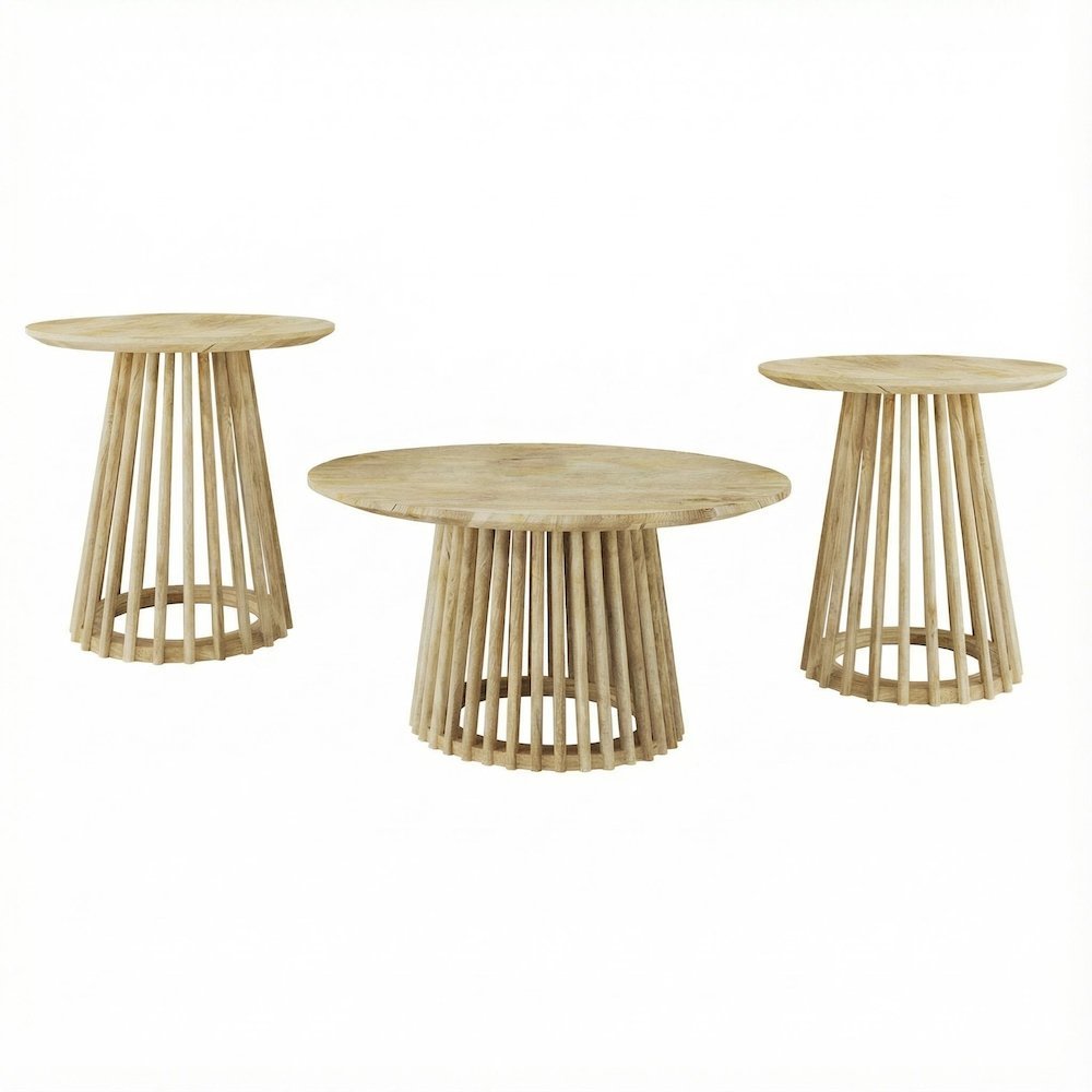 Mango-Finish Round 3-Piece Coffee and End Table Set with Durable Wood
