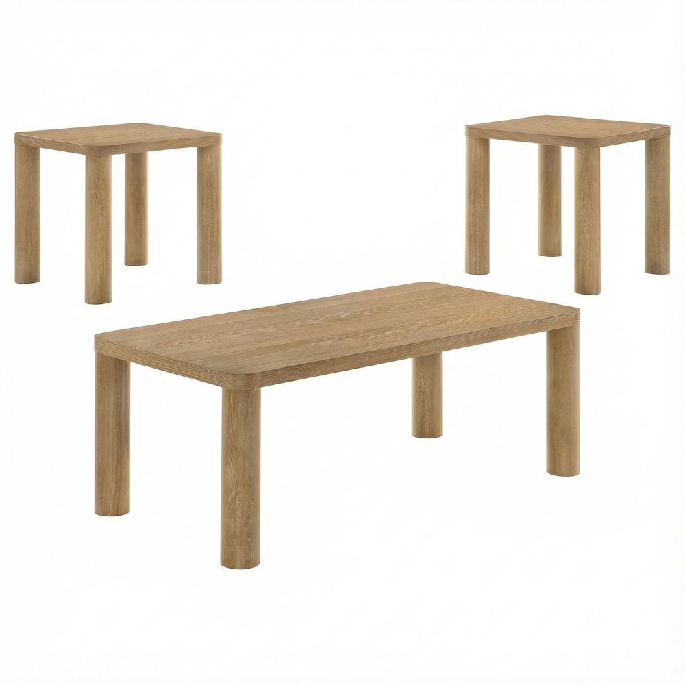 Light Oak 3-Piece Coffee Table Set with Rectangular Top and End Tables