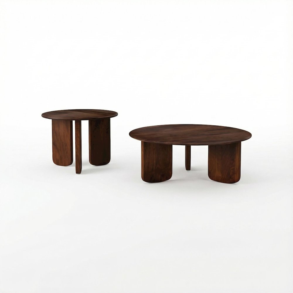 Brown 2-Piece Solid Wood Coffee and End Table Set with Round Shape