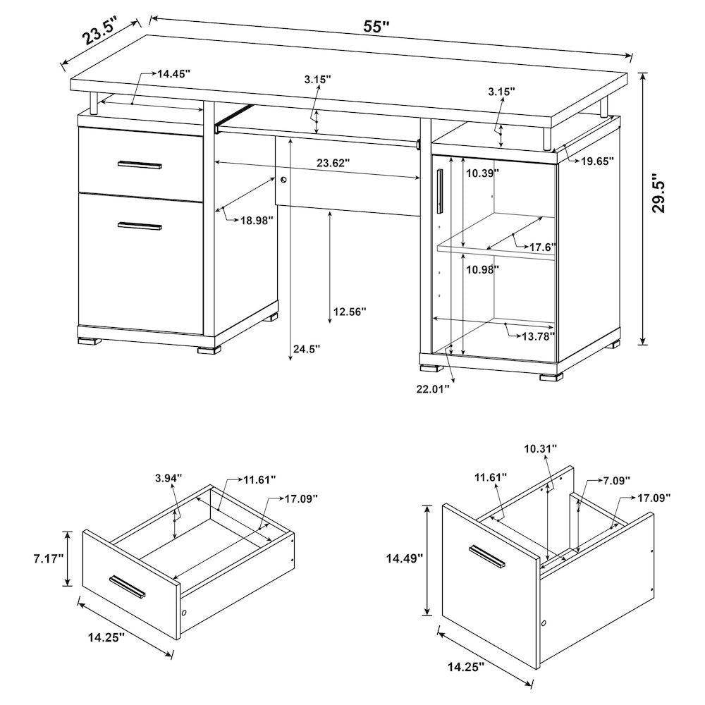 Modern White Office Desk 55-Inch, 2 Drawers, Keyboard Tray, File Cabinet