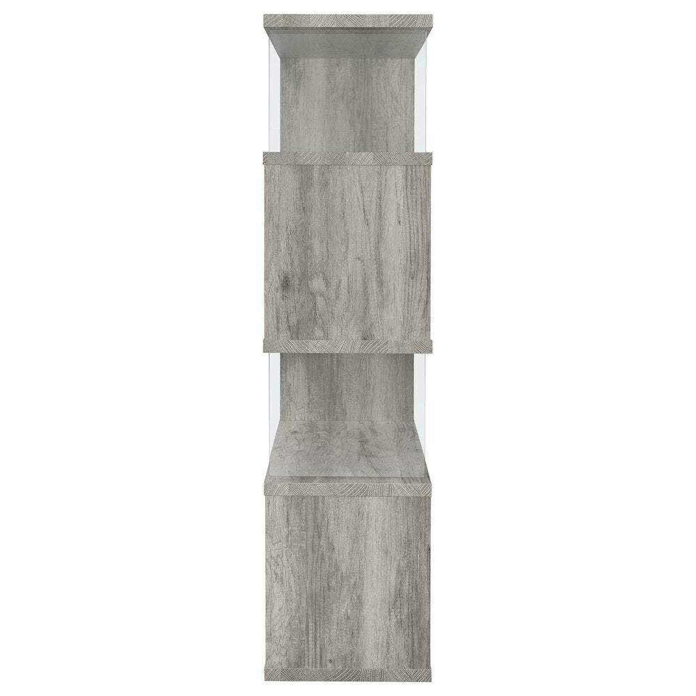Gray Modern Geometric 4 Tier Bookshelf with Glass Panel Shelves