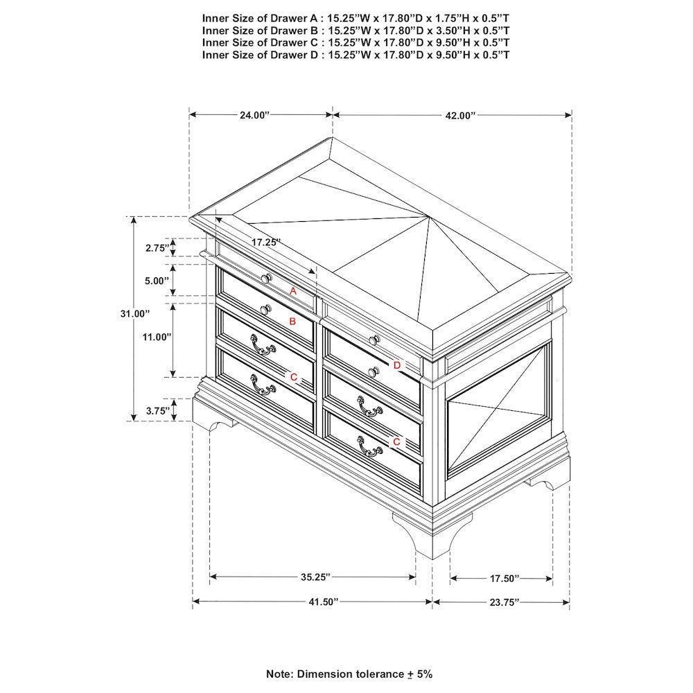 Home Office File Cabinet, Burnished Oak, 5 Drawers, Letter/Legal Size