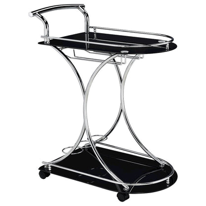 Contemporary Bar Cart, Black Glass, Chrome Metal, Wine & Stemware Storage