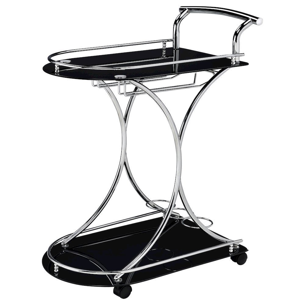 Contemporary Bar Cart, Black Glass, Chrome Metal, Wine & Stemware Storage
