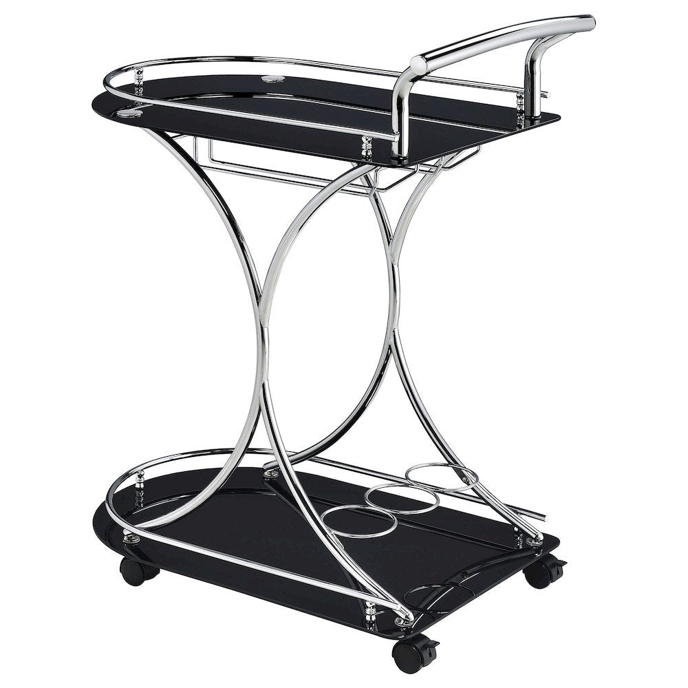 Contemporary Bar Cart, Black Glass, Chrome Metal, Wine & Stemware Storage
