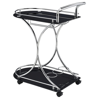 Contemporary Bar Cart, Black Glass, Chrome Metal, Wine & Stemware Storage