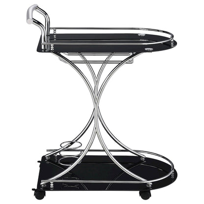Contemporary Bar Cart, Black Glass, Chrome Metal, Wine & Stemware Storage