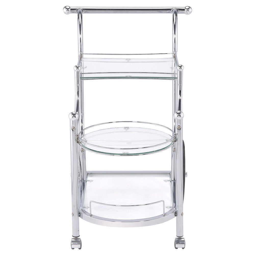 Carriage Style Bar Cart, Chrome, 3 Tiers, Clear Glass, Spoke Wheels