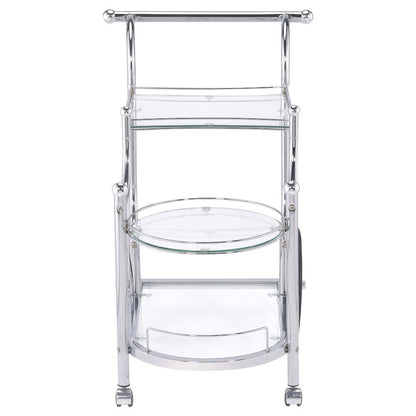 Carriage Style Bar Cart, Chrome, 3 Tiers, Clear Glass, Spoke Wheels