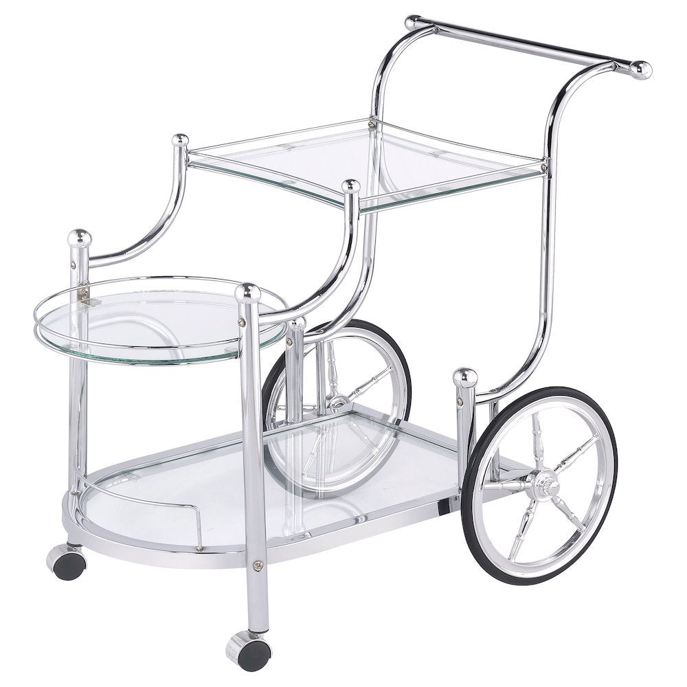 Carriage Style Bar Cart, Chrome, 3 Tiers, Clear Glass, Spoke Wheels