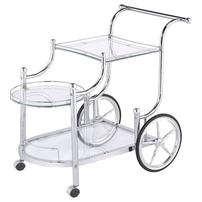 Carriage Style Bar Cart, Chrome, 3 Tiers, Clear Glass, Spoke Wheels