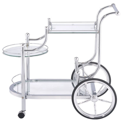 Carriage Style Bar Cart, Chrome, 3 Tiers, Clear Glass, Spoke Wheels