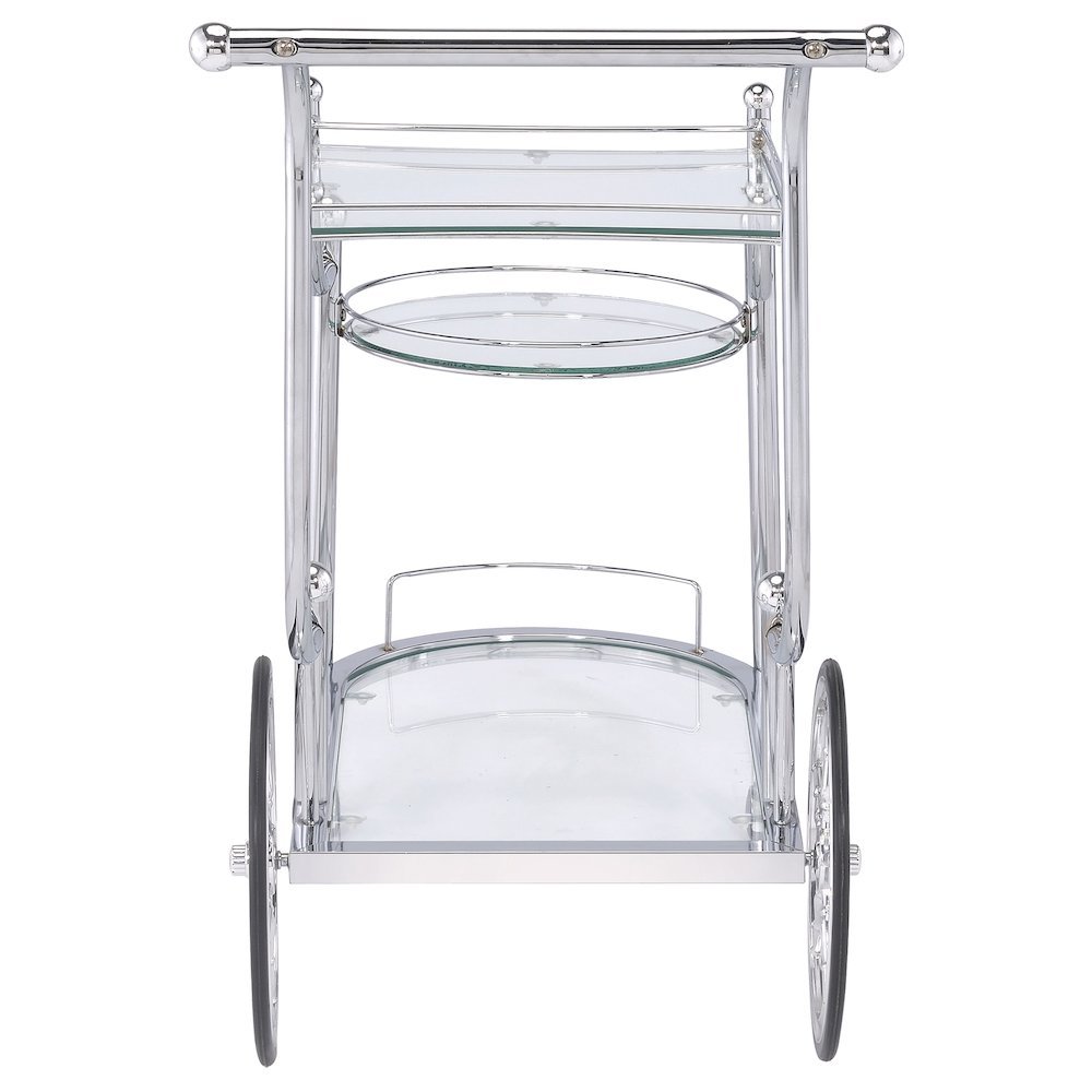 Carriage Style Bar Cart, Chrome, 3 Tiers, Clear Glass, Spoke Wheels