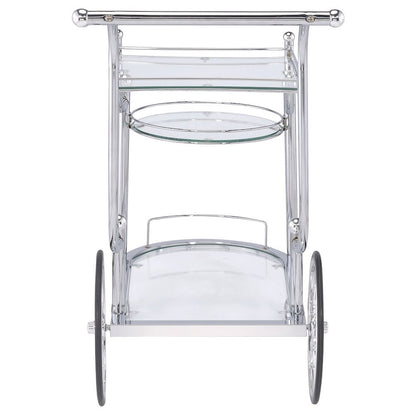 Carriage Style Bar Cart, Chrome, 3 Tiers, Clear Glass, Spoke Wheels