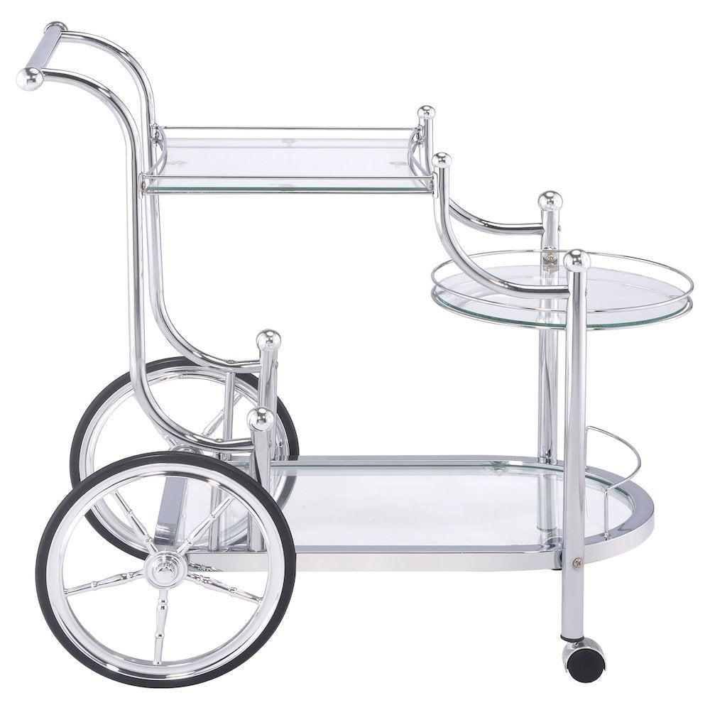 Carriage Style Bar Cart, Chrome, 3 Tiers, Clear Glass, Spoke Wheels