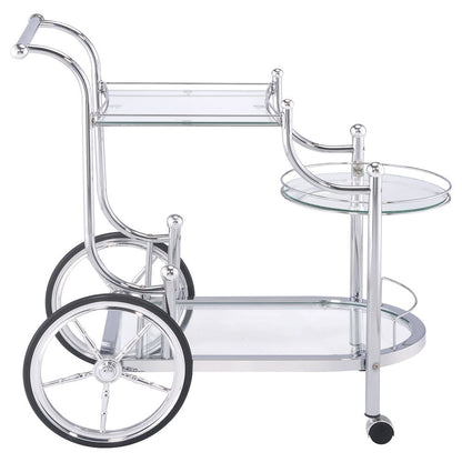 Carriage Style Bar Cart, Chrome, 3 Tiers, Clear Glass, Spoke Wheels
