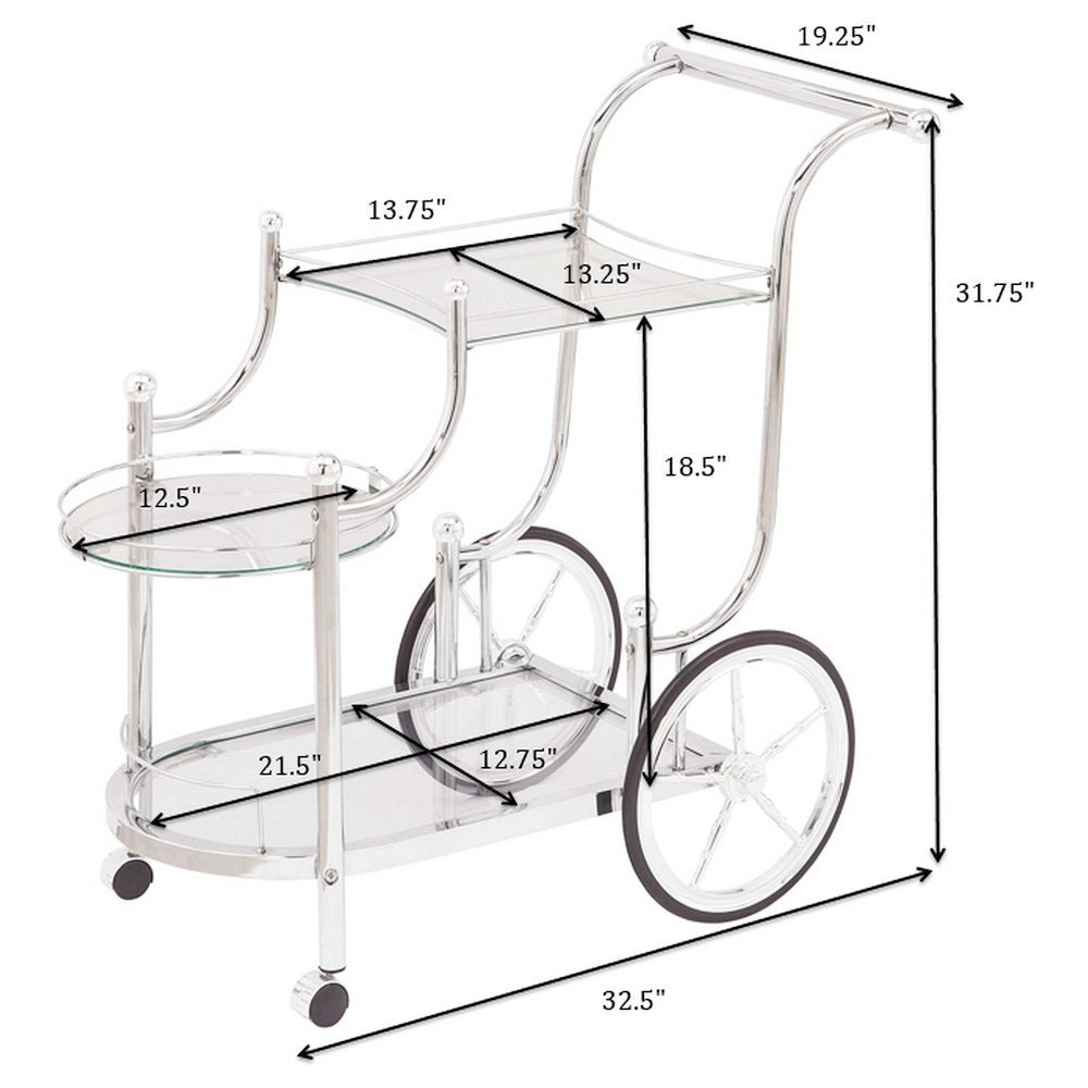 Carriage Style Bar Cart, Chrome, 3 Tiers, Clear Glass, Spoke Wheels