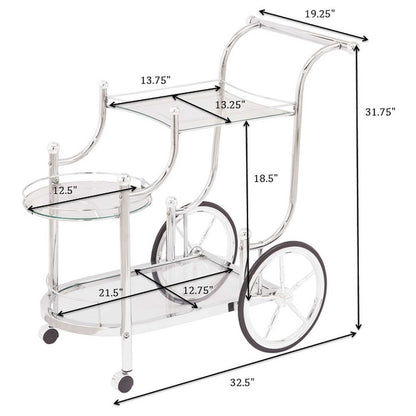 Carriage Style Bar Cart, Chrome, 3 Tiers, Clear Glass, Spoke Wheels