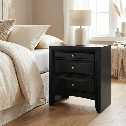 Black Transitional Nightstand with Brushed Nickel Accents and Sleek Design