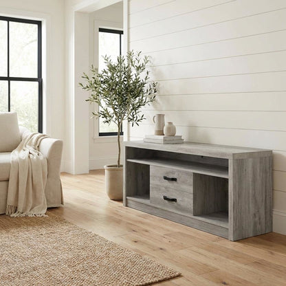 Engineered wood TV stand, two drawers in grey driftwood finish, transitional