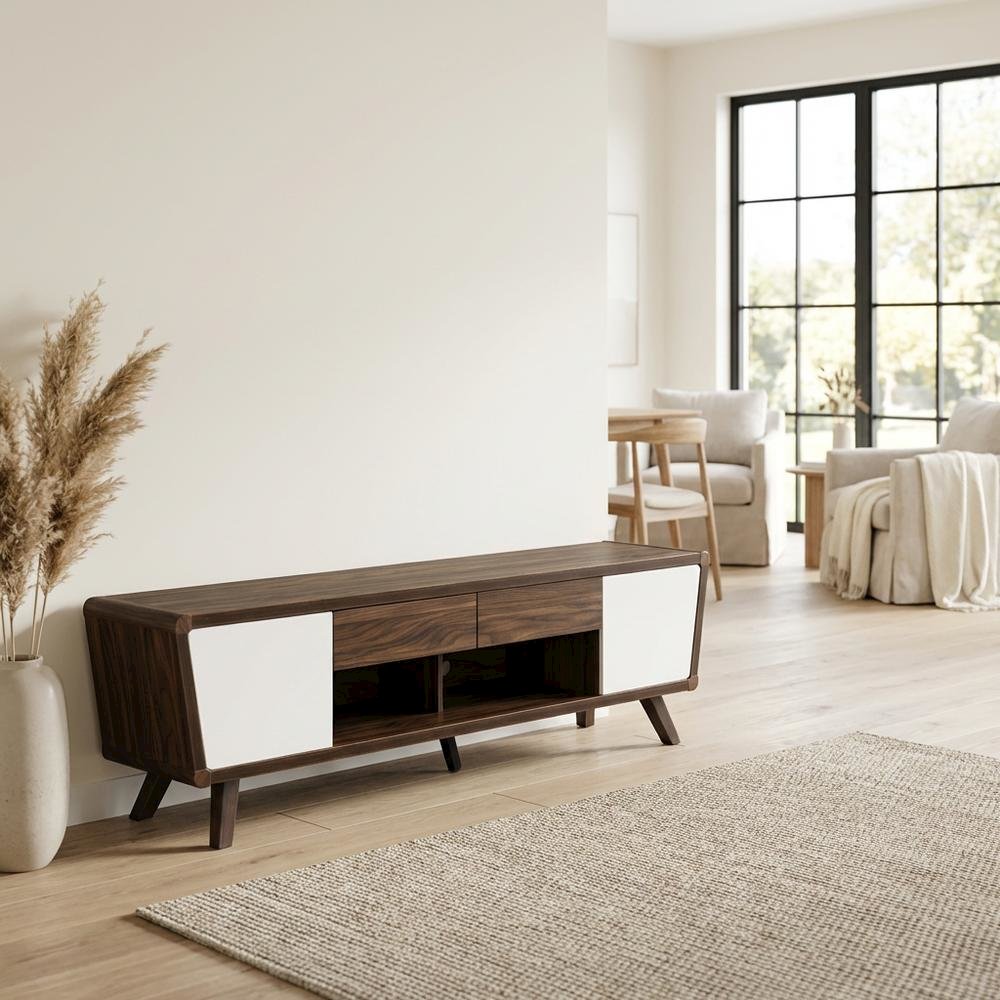 Dark Walnut 2-Door TV Stand, Engineered Wood Frame, Mid-Century Modern Style