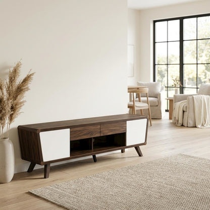 Dark Walnut 2-Door TV Stand, Engineered Wood Frame, Mid-Century Modern Style