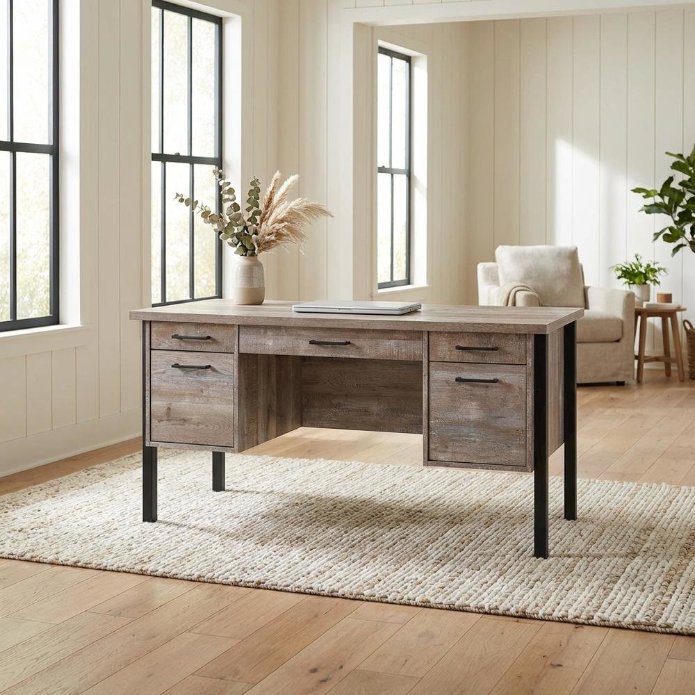 Weathered Oak 60-Inch Office Desk With 4 Drawers, Farmhouse Style For Workspace