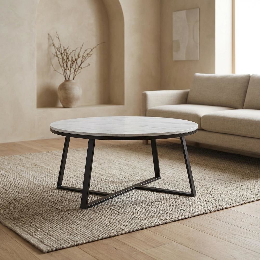Contemporary Round Faux Marble Coffee Table with White and Matte Black Finish