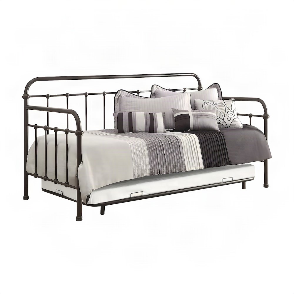 FurniFact Metal Twin Daybed with Trundle and Metal-Slat Base, Dark Bronze