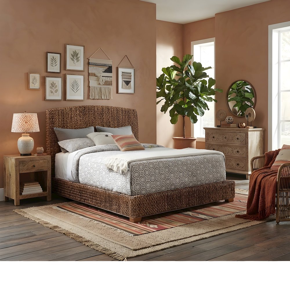 Banana Leaf California King Panel Bed, Rattan Headboard, Amber