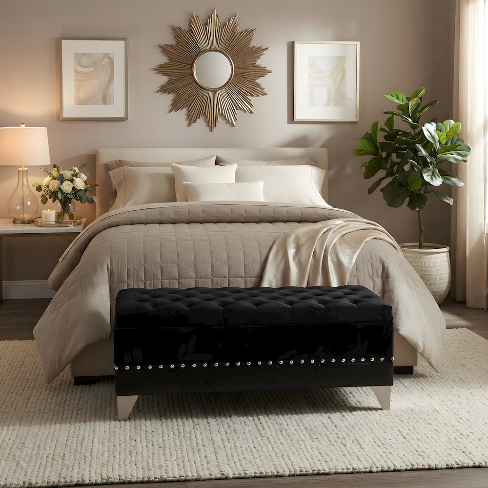 Velvet Button-Tufted Storage Ottoman Bench with Chrome Legs for Entryway, Black