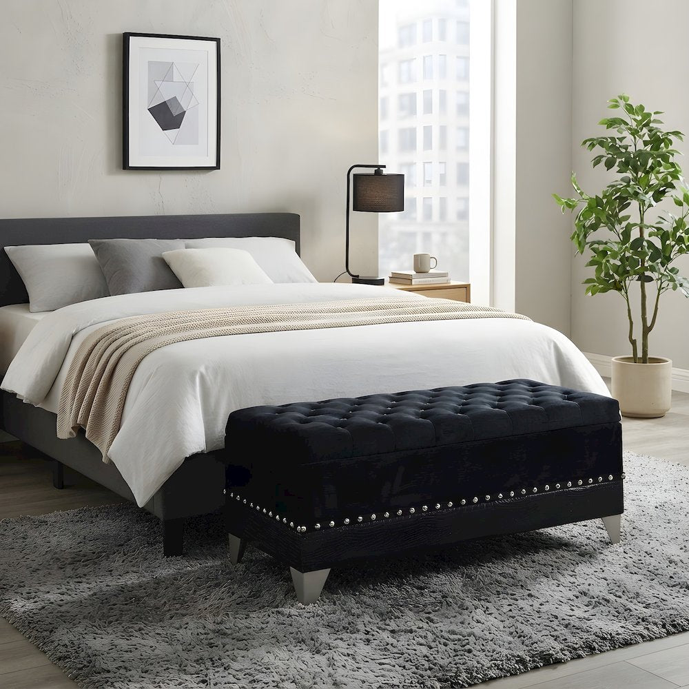 Velvet Button-Tufted Storage Ottoman Bench with Chrome Legs for Entryway, Black