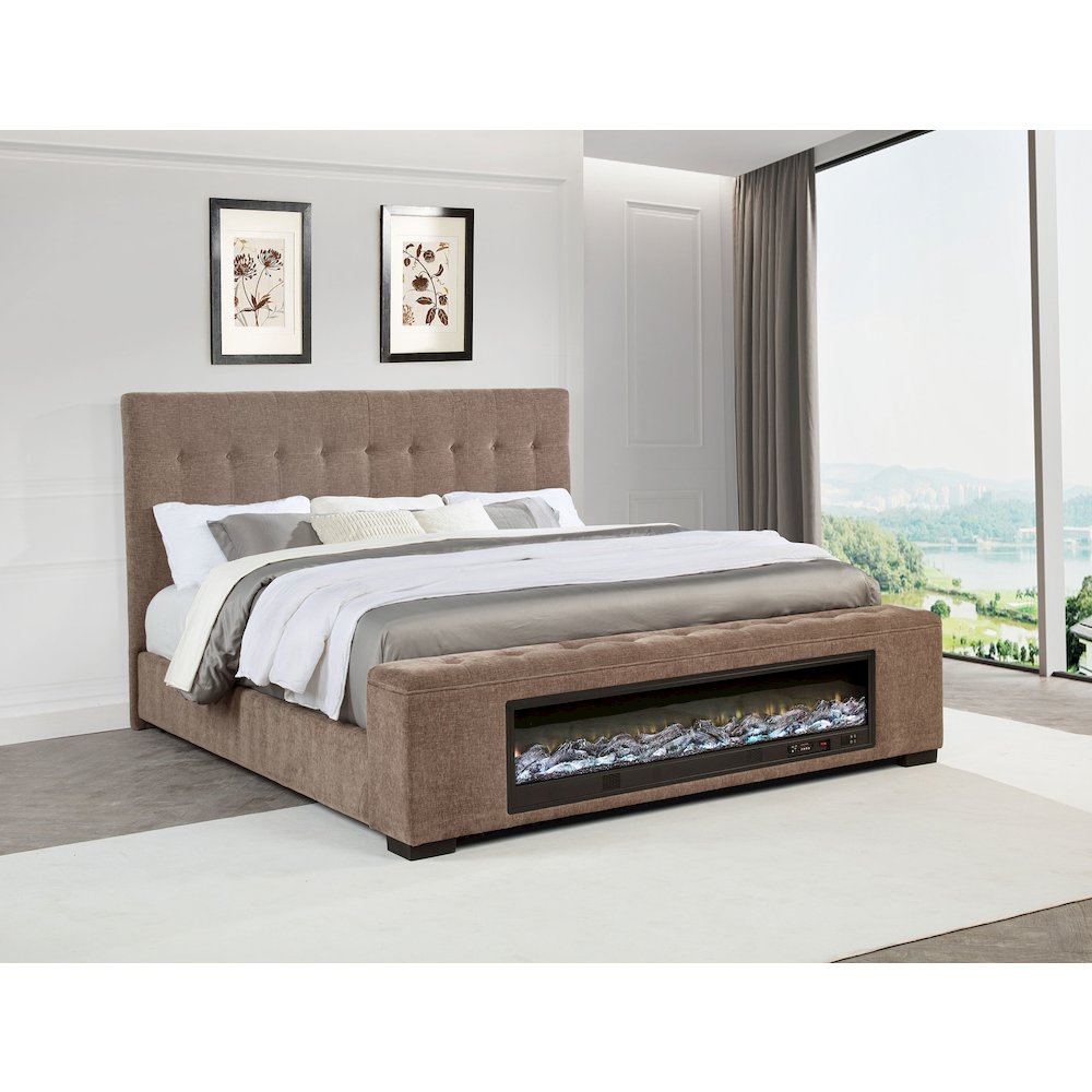 Senna Upholstered California King Audio Fireplace Bed Brown