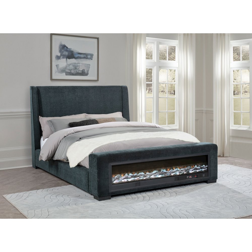 Preston Upholstered California King Audio Fireplace Bed Blue