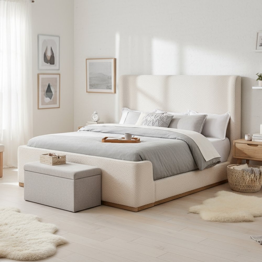 Beige King Bed - Upholstered Bed Frame with Sleigh Design