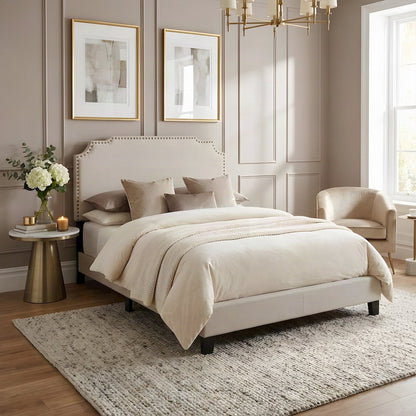 Upholstered Queen Panel Bed Frame with Padded Headboard and Wood Legs, Beige