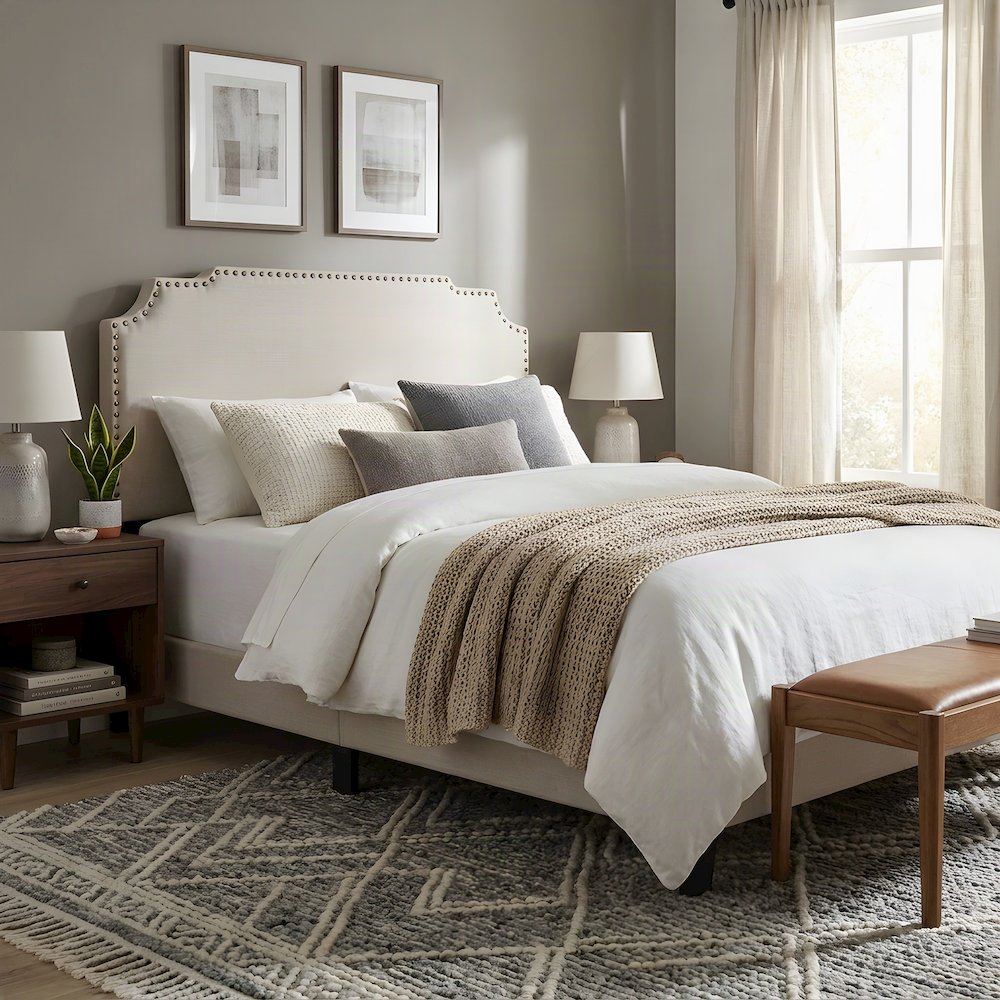 Upholstered Queen Panel Bed Frame with Padded Headboard and Wood Legs, Beige