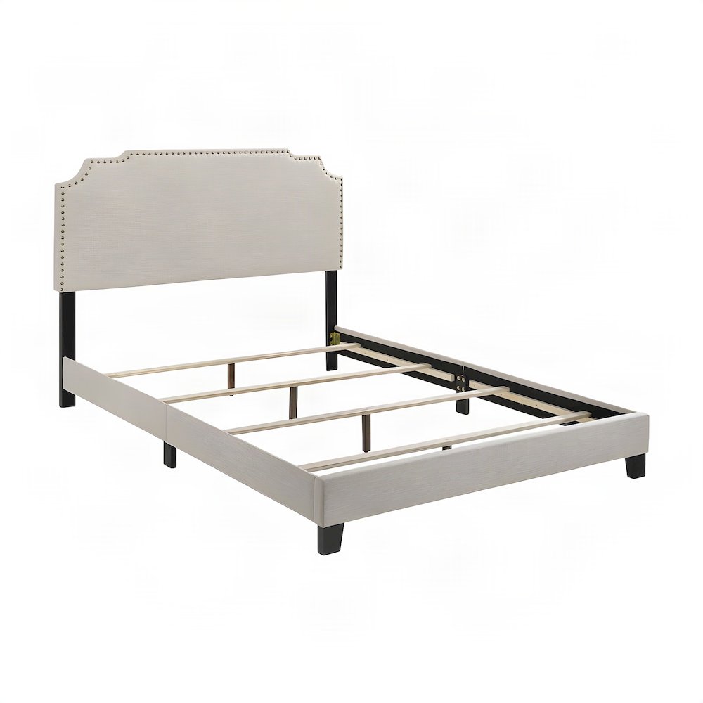 Upholstered Queen Panel Bed Frame with Padded Headboard and Wood Legs, Beige