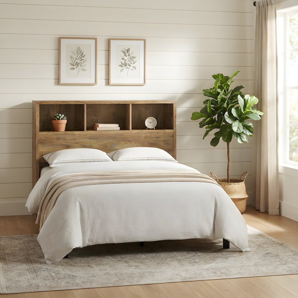 Queen Size Bookcase Headboard with Open Shelves and Storage, Queen Only, Mango