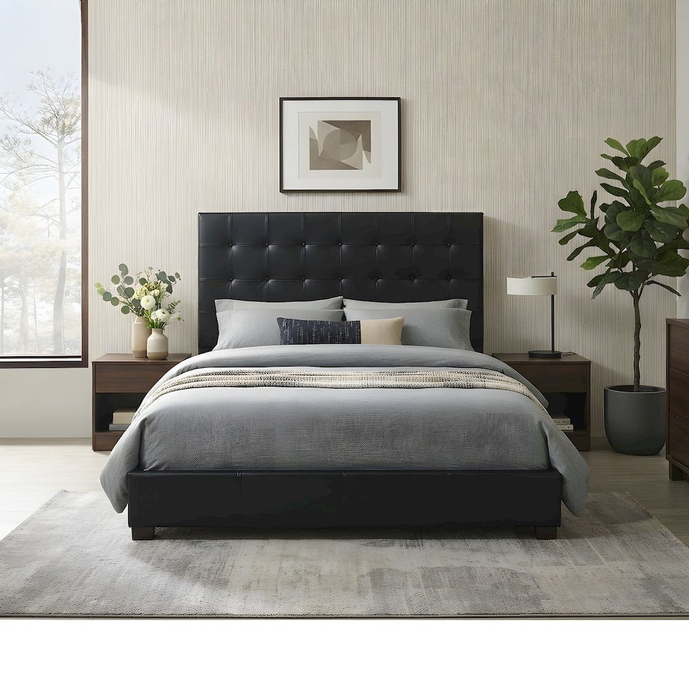 Genuine Leather Eastern King Platform Bed with Tall Headboard, Bed Frame, Black