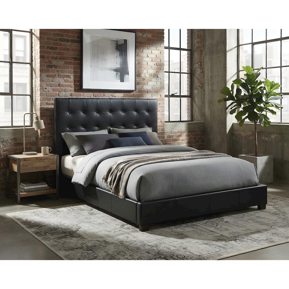 Genuine Leather Eastern King Platform Bed with Tall Headboard, Bed Frame, Black