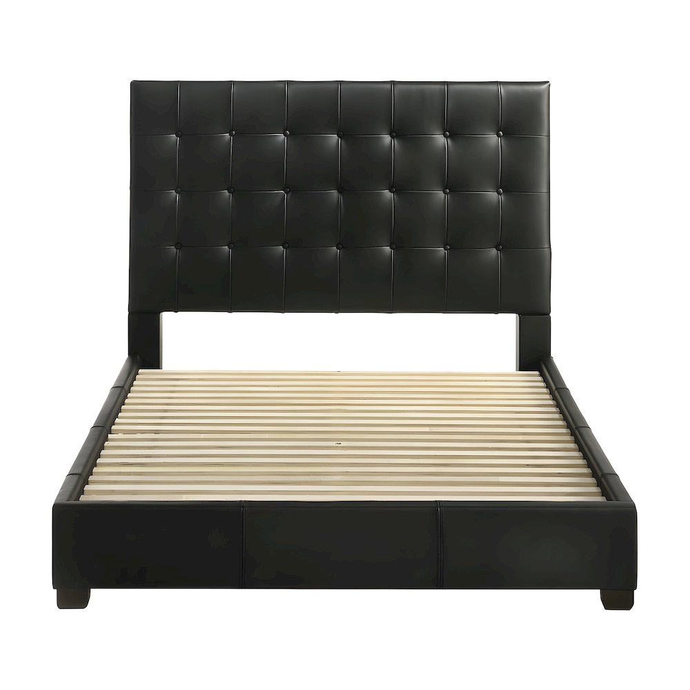 Genuine Leather Eastern King Platform Bed with Tall Headboard, Bed Frame, Black