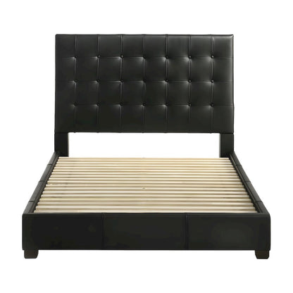 Genuine Leather Eastern King Platform Bed with Tall Headboard, Bed Frame, Black