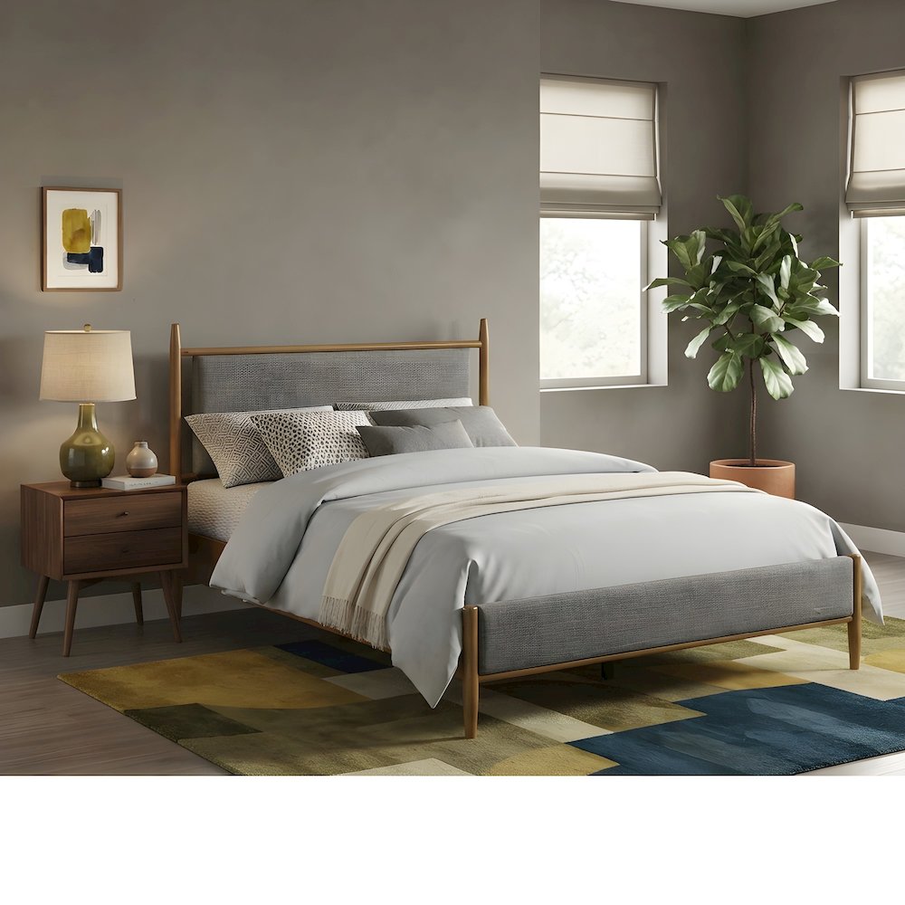 Upholstered Full Size Platform Bed with Panel Headboard, Light Brown