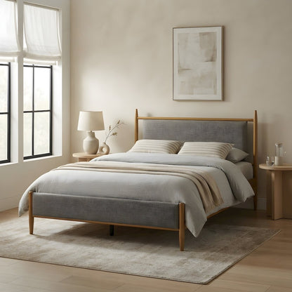 Upholstered Full Size Platform Bed with Panel Headboard, Light Brown