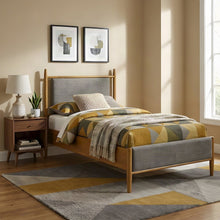 Fabric-Upholstered Twin Platform Bed Frame with Panel Headboard, Light Brown