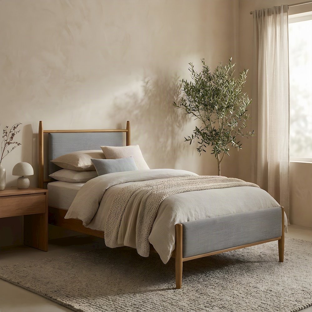 Fabric-Upholstered Twin Platform Bed Frame with Panel Headboard, Light Brown