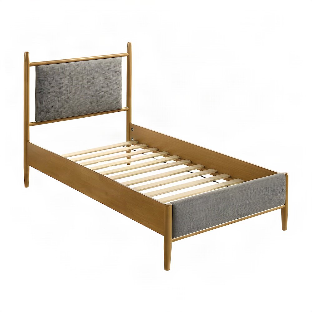 Fabric-Upholstered Twin Platform Bed Frame with Panel Headboard, Light Brown